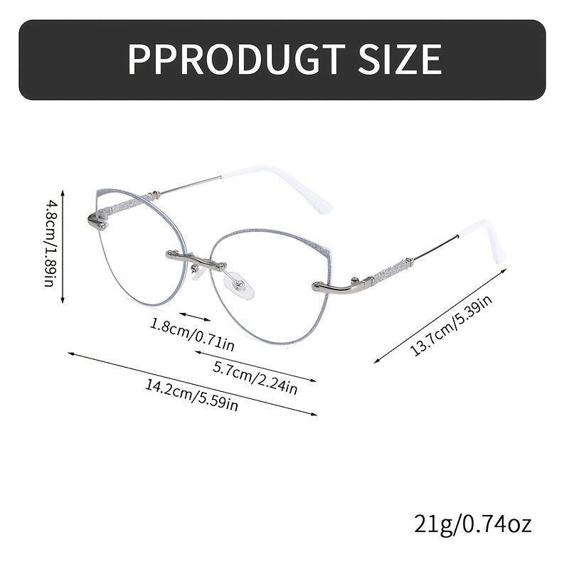 Women Cat Eye Photochromic Rimless Glasses with Blue Light Filter and Sparkling Sequins