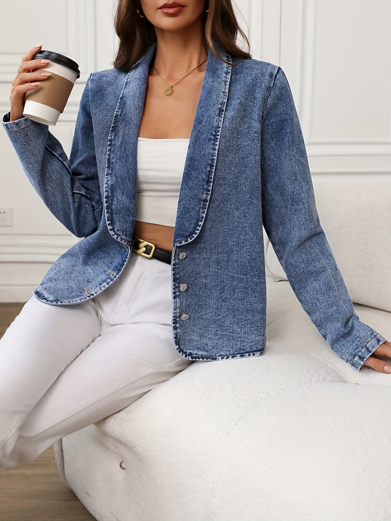 Women's Light Wash Blue Denim Jacket Long Sleeve Button-Up Cotton Polyester Fall Spring Classic Collar Structured Silhouette