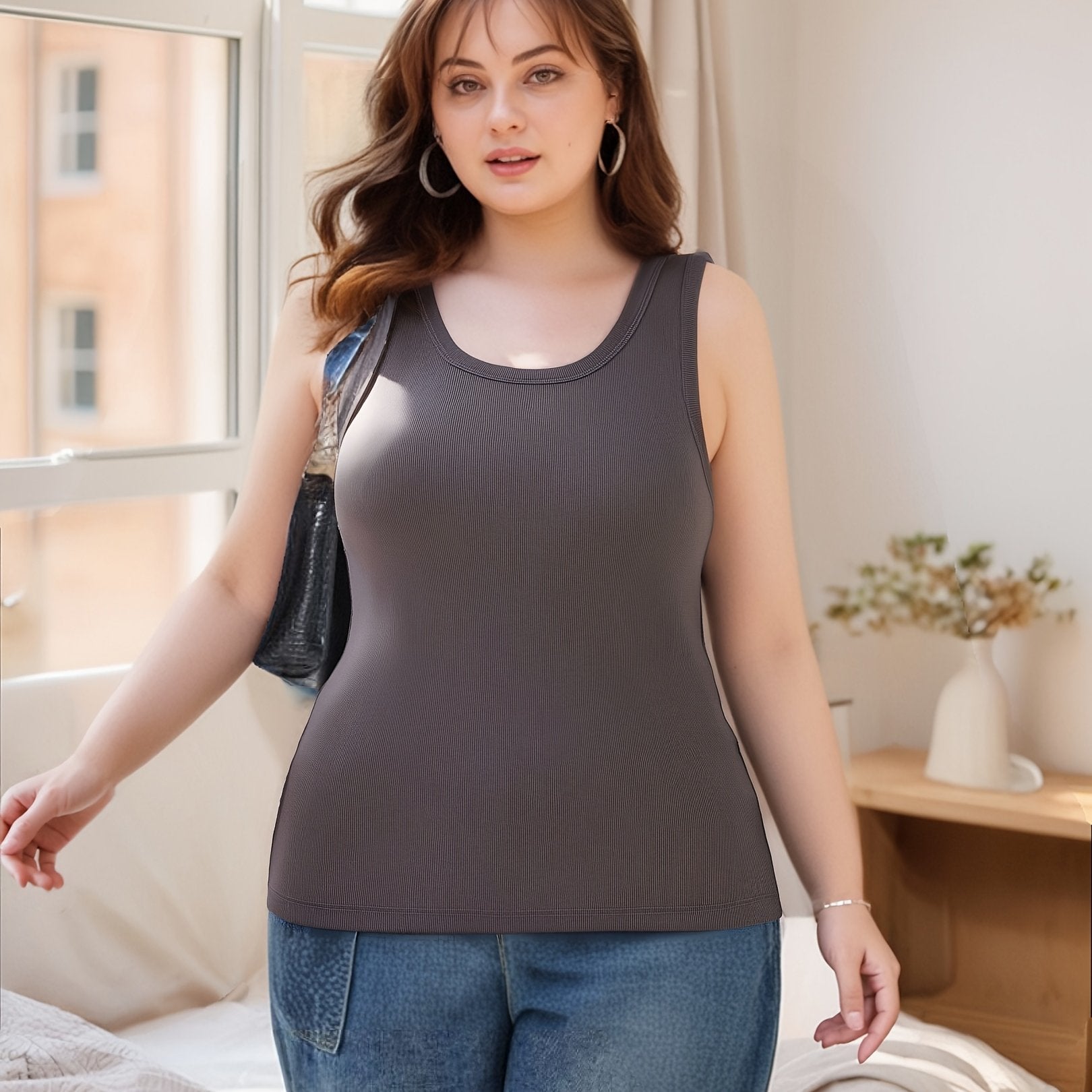 Plus Size Women's Cotton Ribbed Camisole with Built-In Padding and Chest Pad