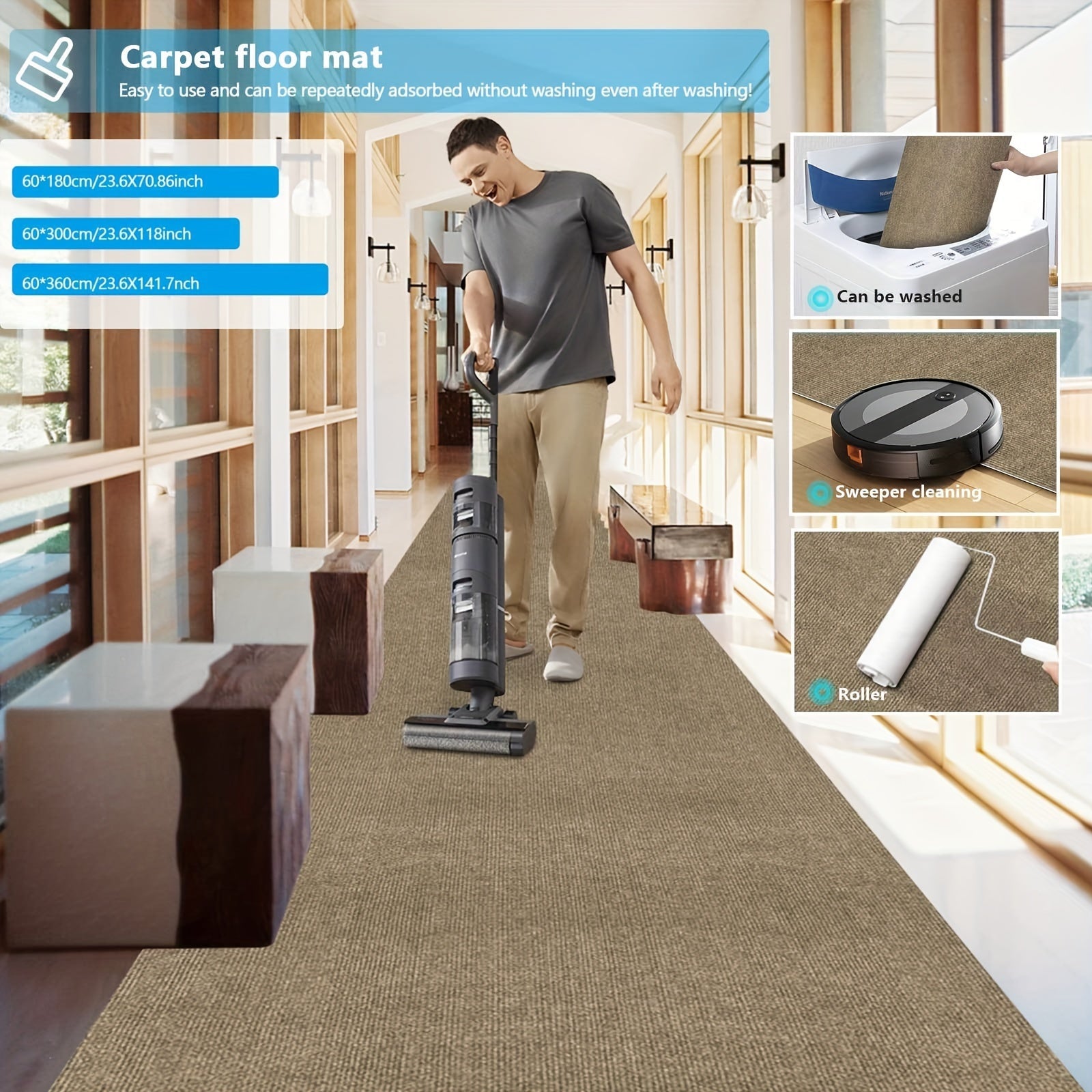 Длинный коврик для бегуна 59,94 см x 5,99 м Нескользящий моющийся коврик для помещений