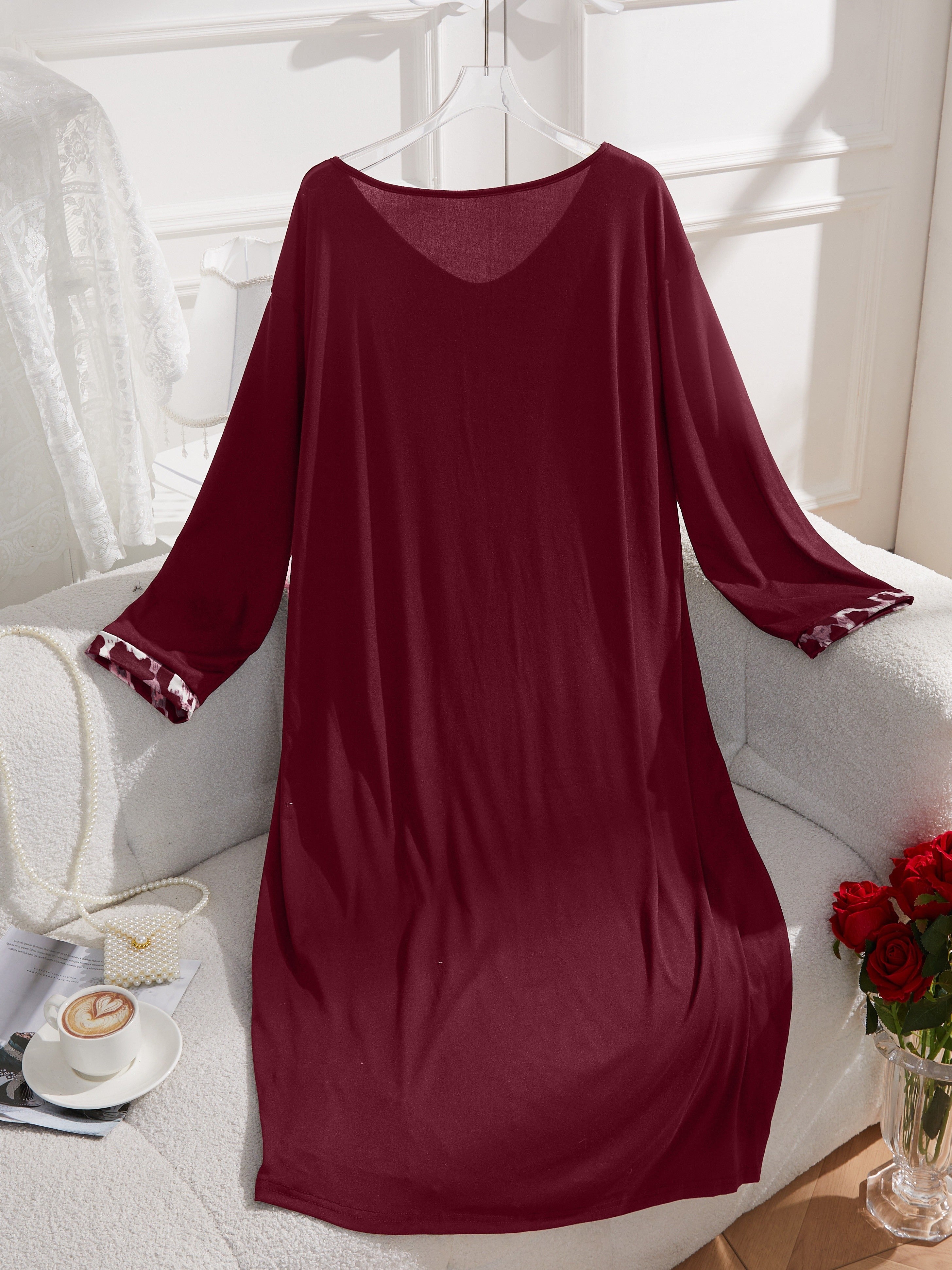 Women's Leopard Print Night Dress Long Sleeve Knit Pullover