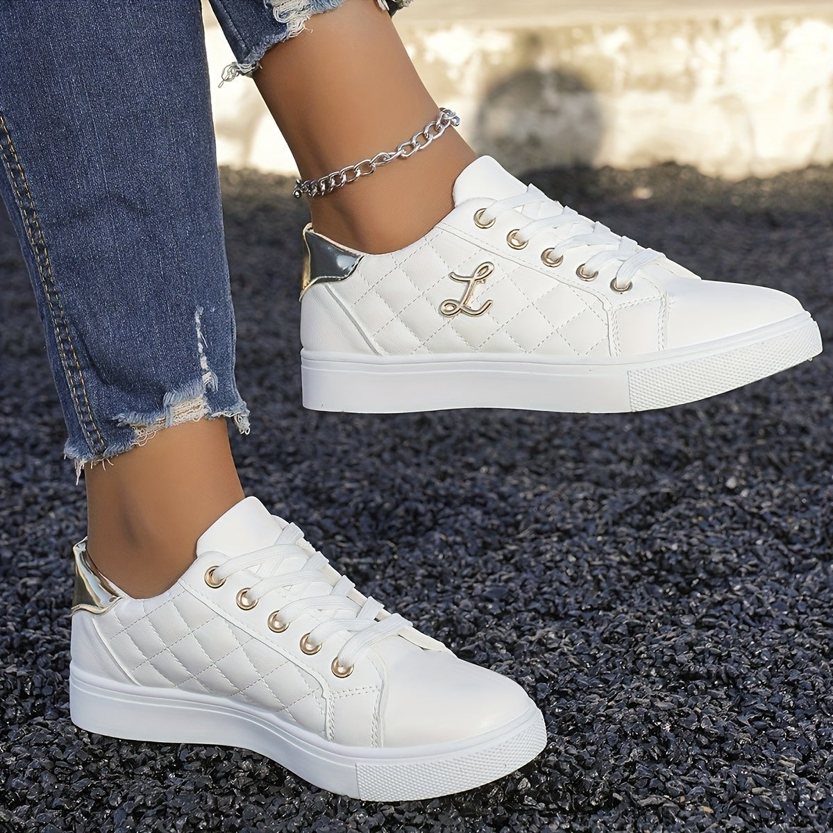 Women's Quilted Lightweight Sneakers Black White Golden Non-Slip Sole