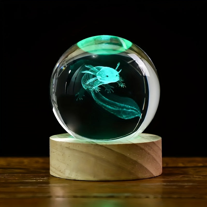3D Axolotl Crystal Ball with Wooden Light Base Decorative Gift for Home or Birthday