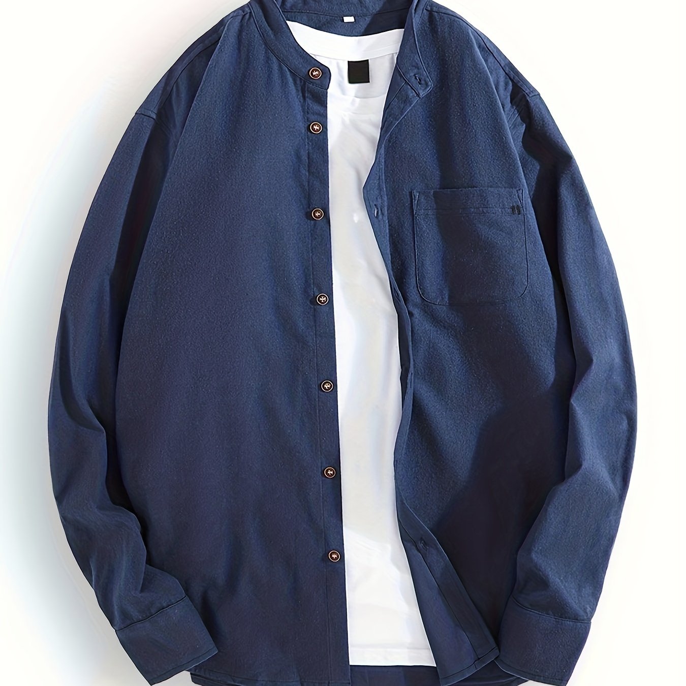 Мужская хлопковая повседневная рубашка с длинным рукавом, мандариновый воротник, однотонный цвет, классический крой для весны и осени