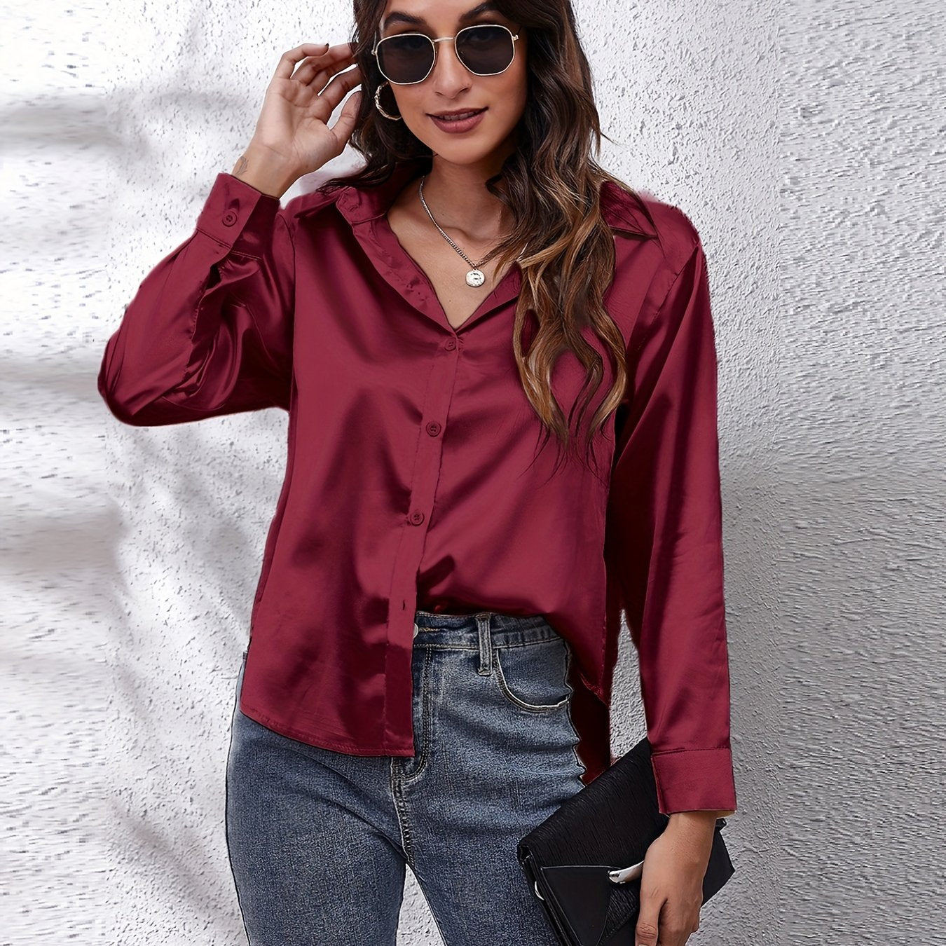 Women's Satin Shirt Long Sleeve Solid Color Lapel Collar Regular Length Single Breasted Elegant Polyester