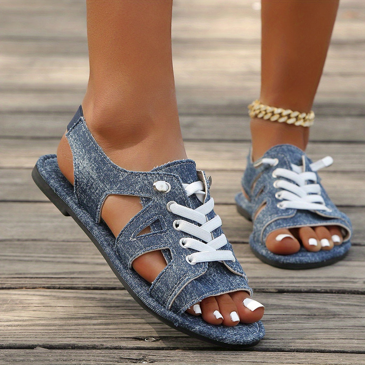 Women's Bohemian Flat Sandals Light Blue Open-Toe Lace-Up Casual Sandals