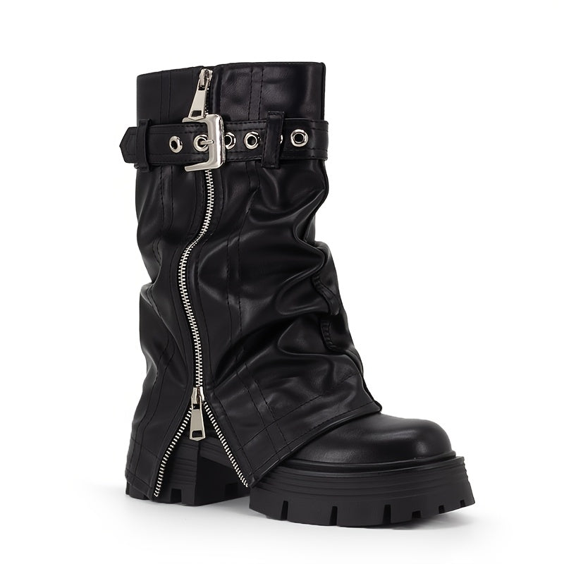 Women's Faux Leather Mid Calf Boots Black Round Toe Platform Zipper