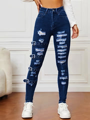 Women's High-Waisted Ripped Skinny Jeans Cotton Polyester Blend All-Season