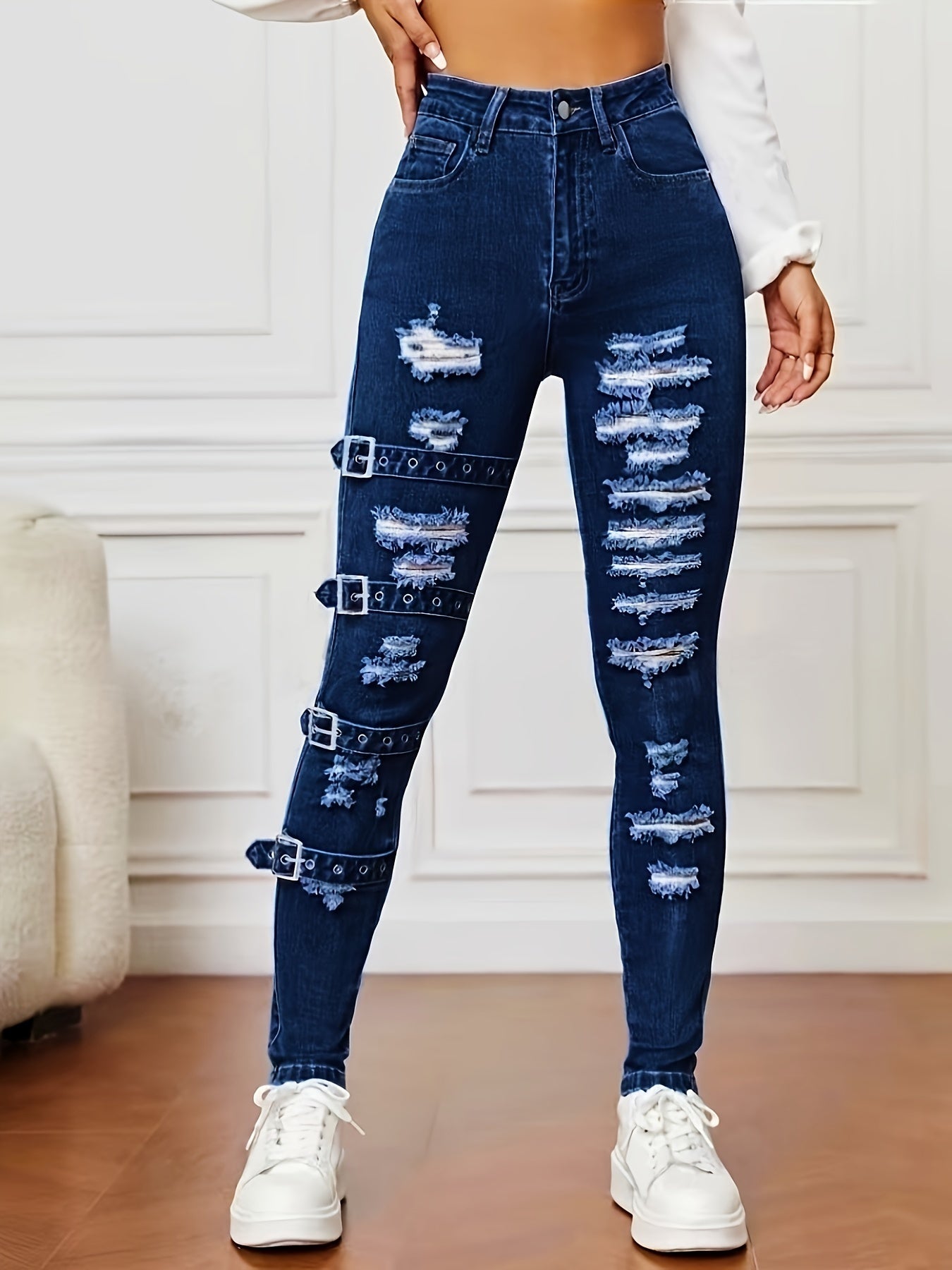 Women's High-Waisted Ripped Skinny Jeans Cotton Polyester Blend All-Season