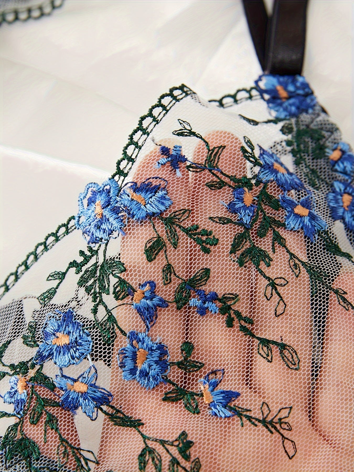 Sheer Mesh Lingerie Set with Flower Pattern Cupless Bra and Thong