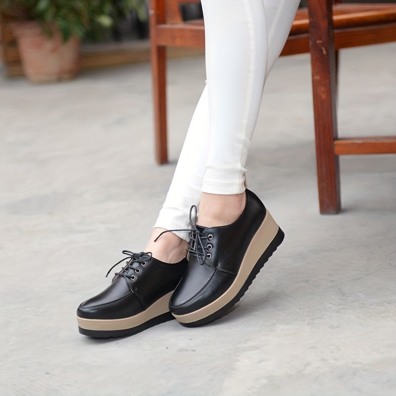 Women's Lace-Up Platform Wedge Loafers with Round Toe and Low Top