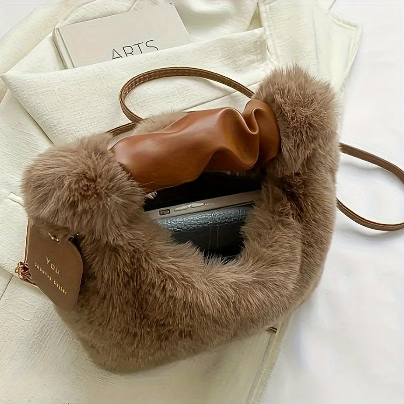 Faux Fur Crossbody Bag for Women Plush Zipper Closure Solid Color Autumn Winter