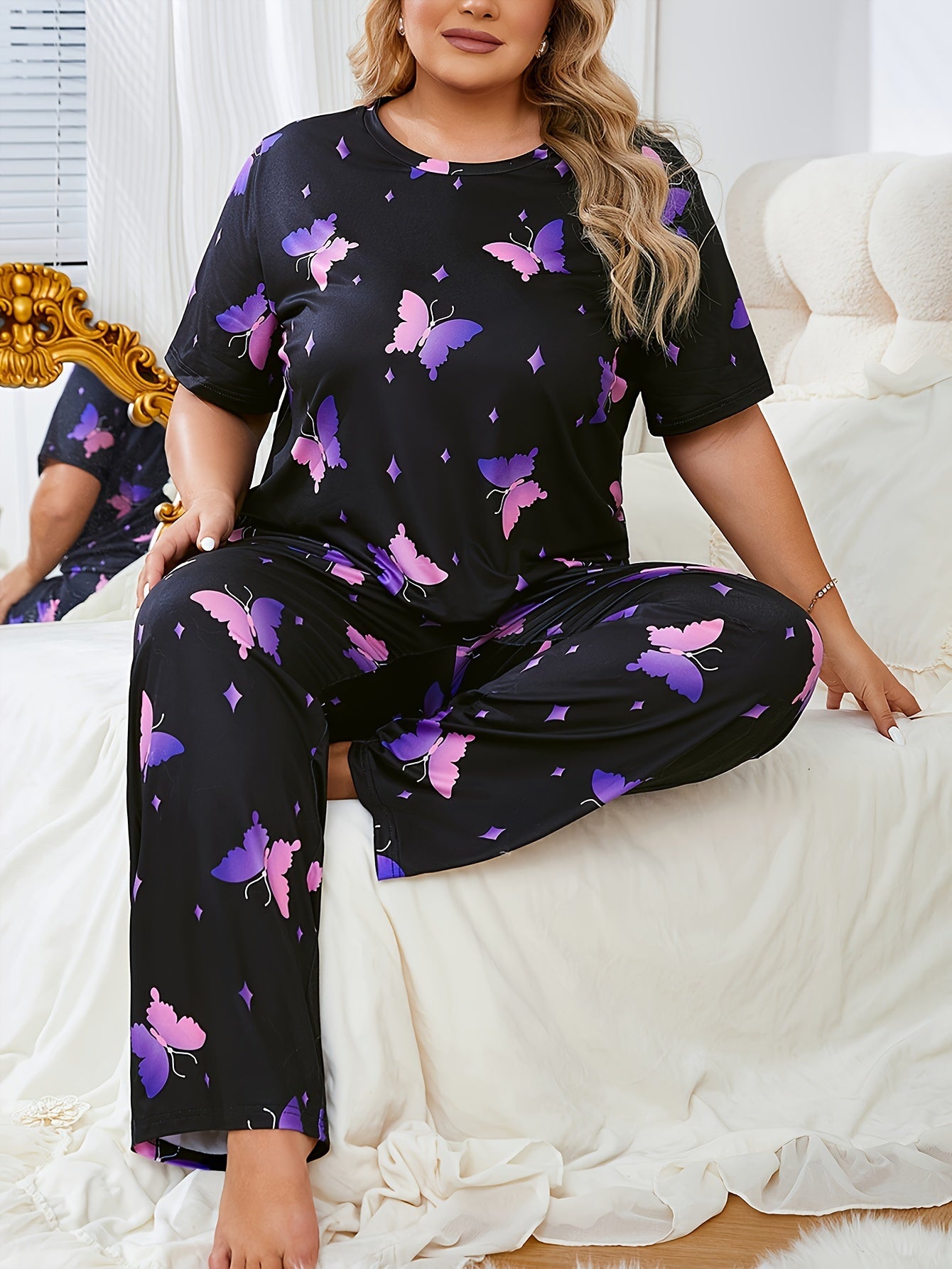 Women's Plus Size Pajama Set Short Sleeve T-Shirt and Pants Butterfly Print
