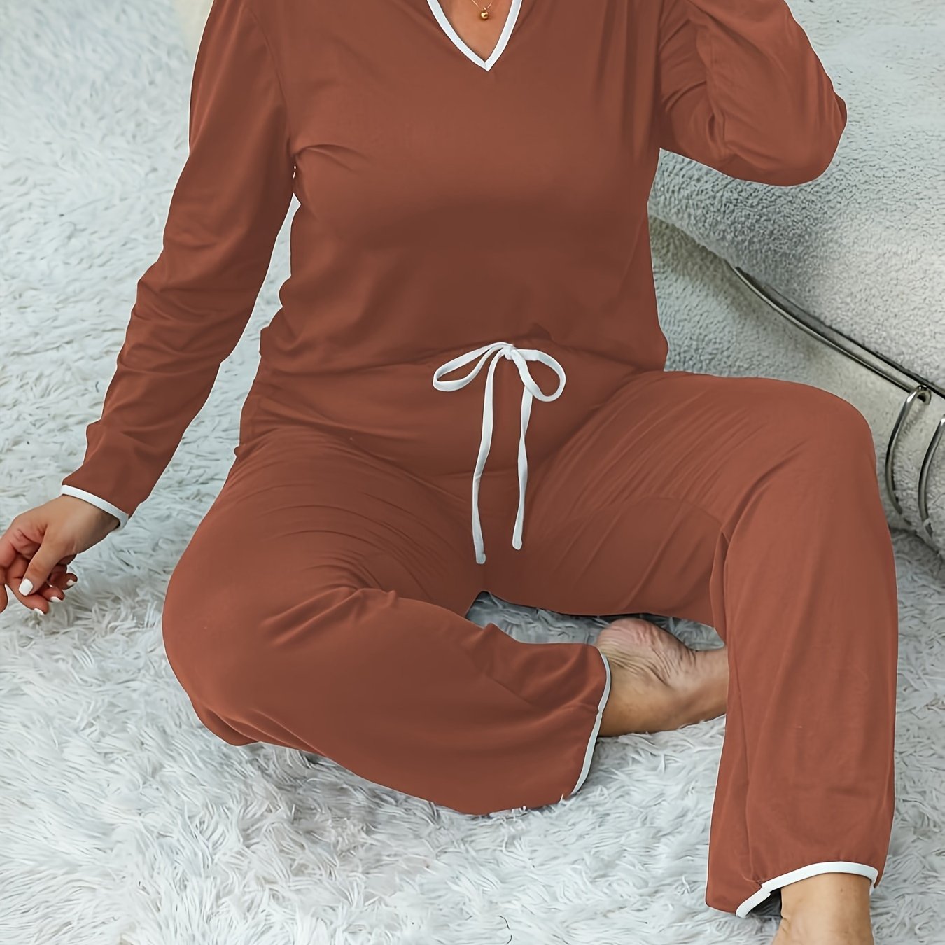 Plus Size Lounge Set Women Notched Neck Long Sleeve Tee & Lace Up Pants