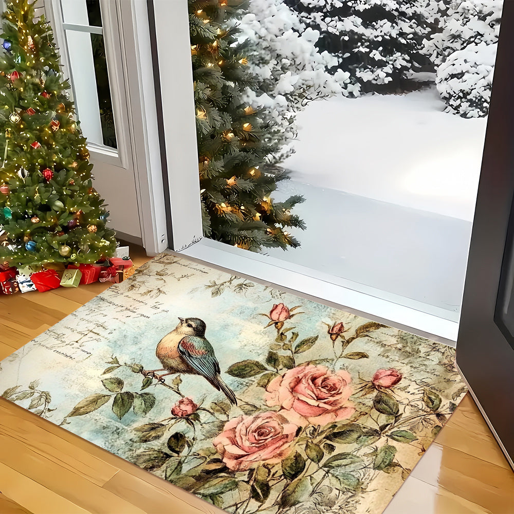 Vintage Rose and Bird Kitchen Mat Waterproof Anti-Fatigue Soft Non-Slip