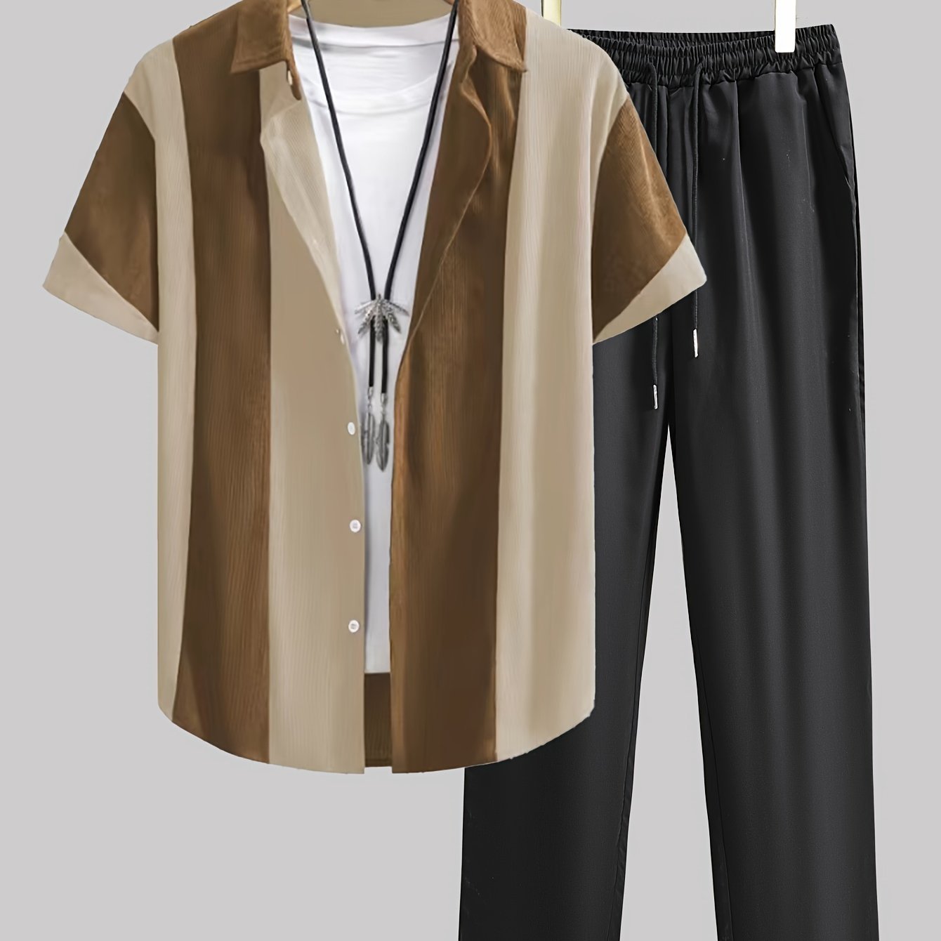 Erkaklar uchun tasodifiy rangli blokli chiziqli yengli tugmachali ko'ylak va tashqi faoliyatlar uchun tortishishli shimlar to'plami