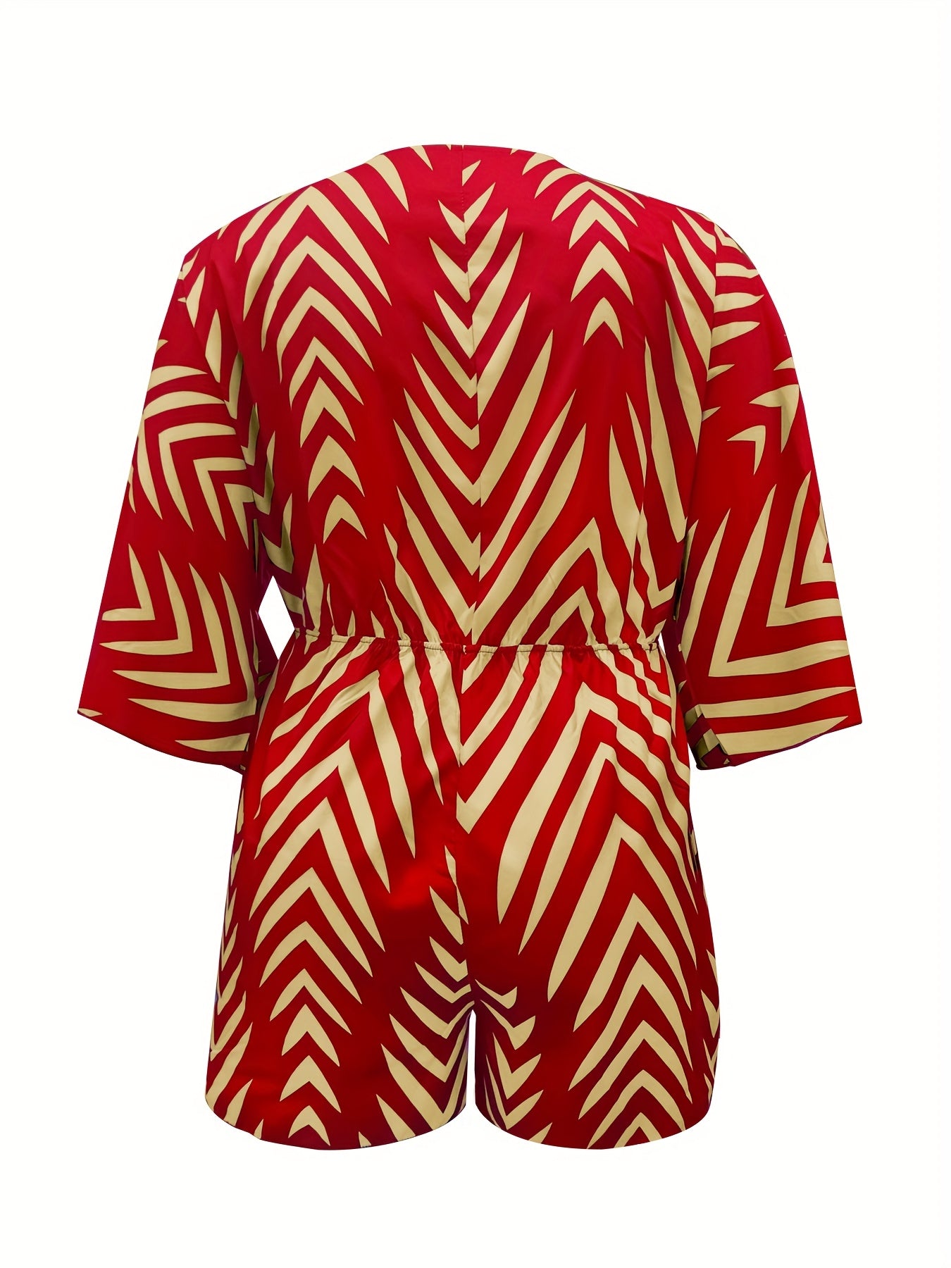 Plus Size Women's V-Neck Batwing Sleeve Jumpsuit with Belt and Zigzag Print
