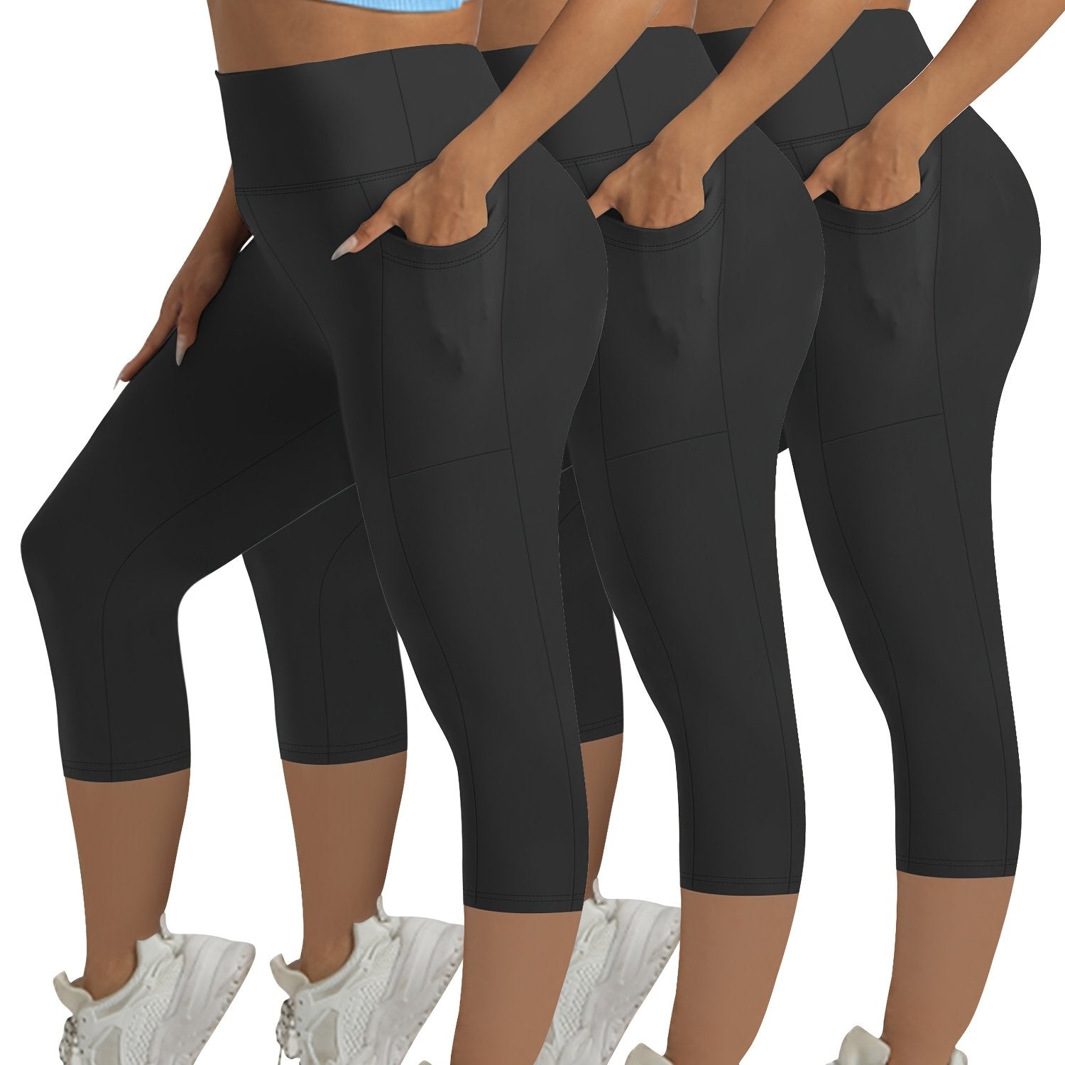 Plus Size Women's High-Waisted Tummy Control Capri Leggings 3-Pack