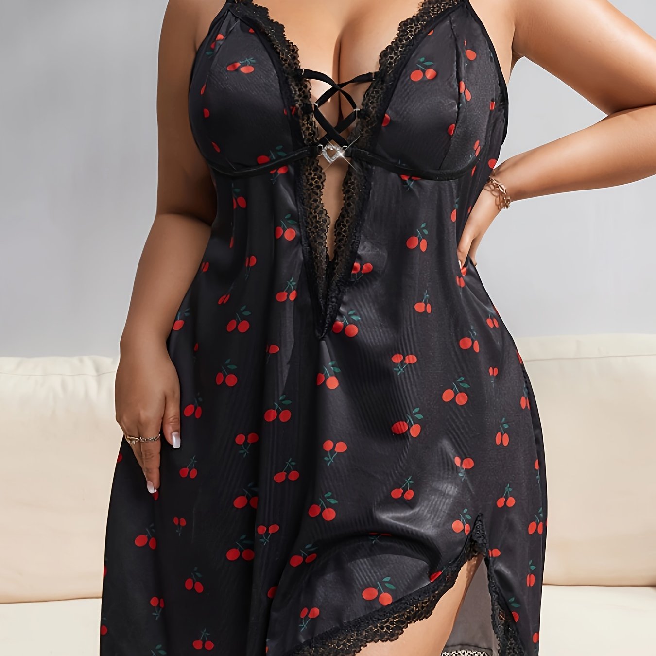 Plus Size Women's Cherry Satin Strap Nightgown Sexy Lingerie
