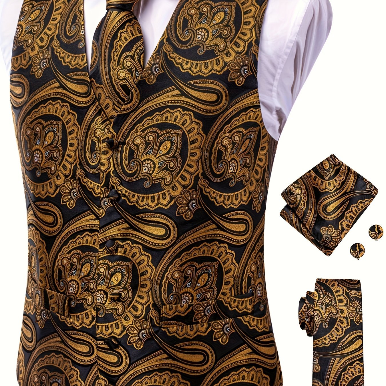 Plus Size Men's Paisley Vest Set with Necktie Hanky Cufflinks for Business Wedding Party