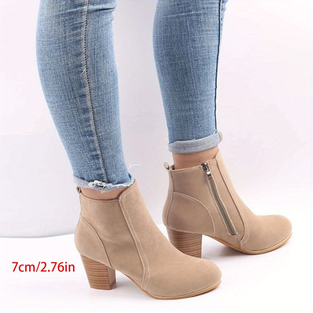 Women's Ankle Boots Fabric Lined Side Zipper Chunky Heel