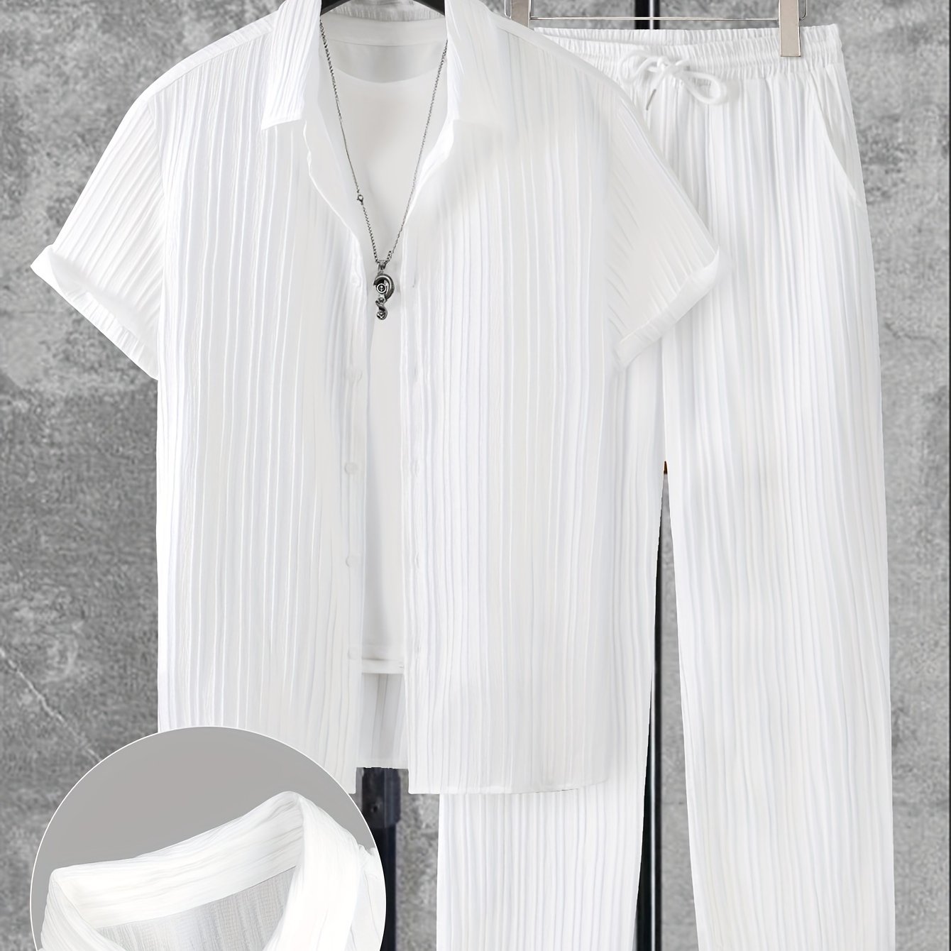 Men's Solid Color Textured Shirt and Pants Set Casual Four-Season Outdoor Outfit