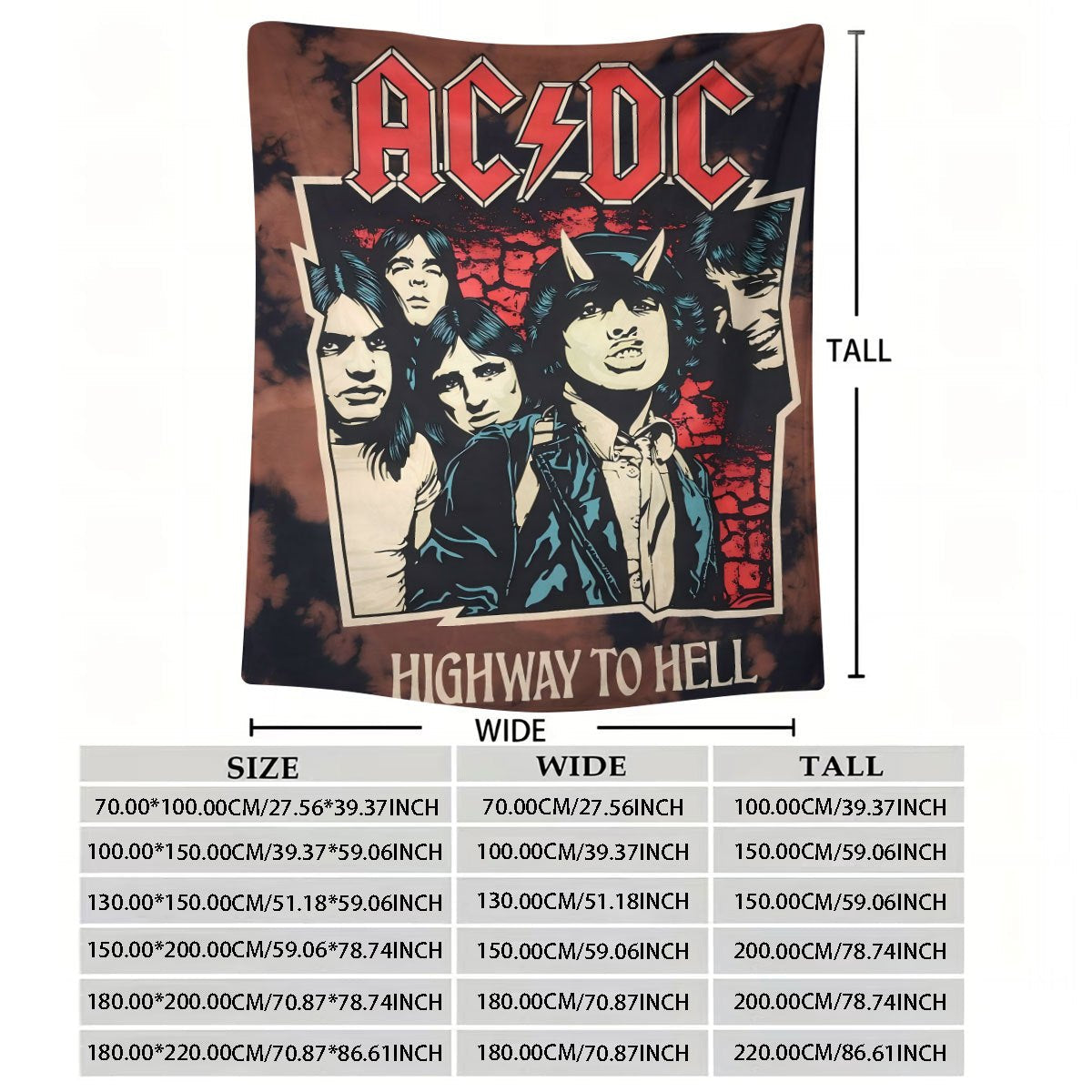 Bu AC/DC "Highway to Hell" flanel tashqi ko'rinishi bilan iliq bo'ling va rok qiling! Rang-barang va allergiyaga qarshi raqamli bosma bilan qulay, bu ko'rpa yotoq xonasi, yashash xonasi yoki divan uchun mukammal. Musiqa ixlosmandlari uchun ideal sovg'a.