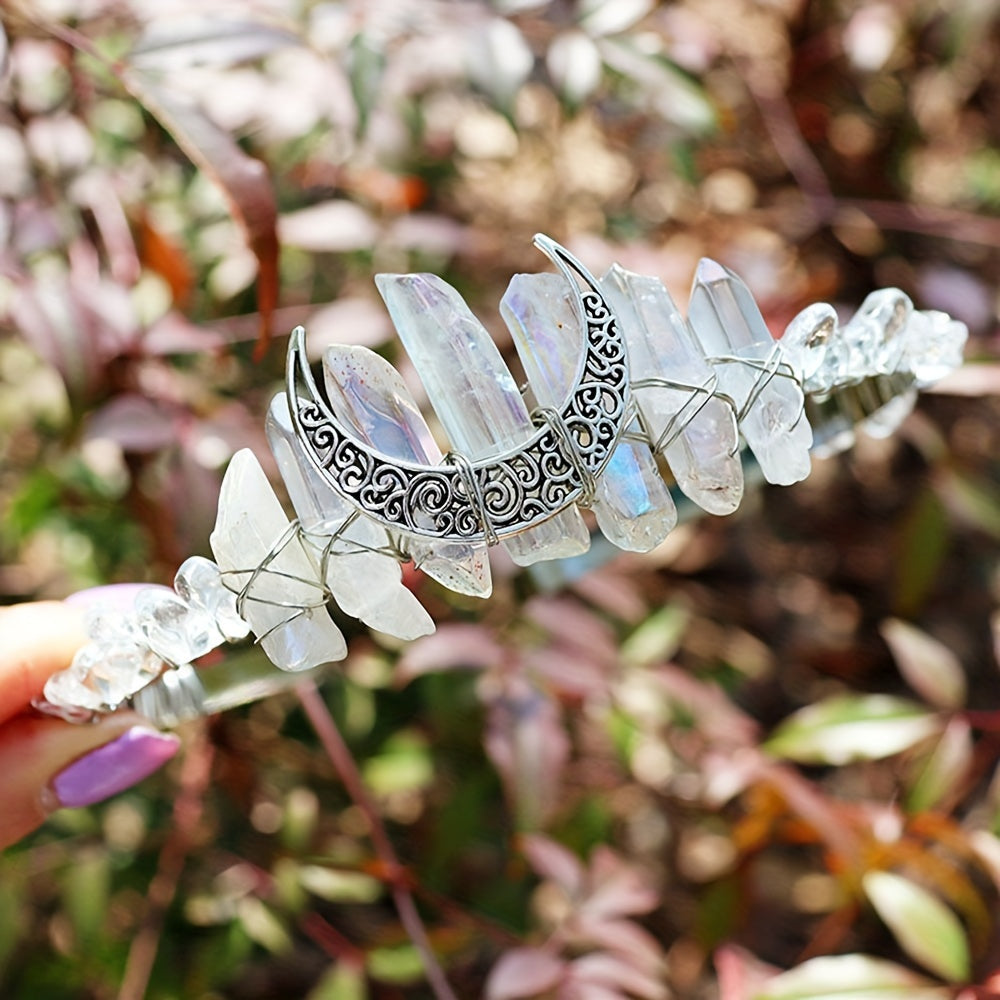 Women's Hair Accessory Headband with Natural Crystal and Moon Tiara Design