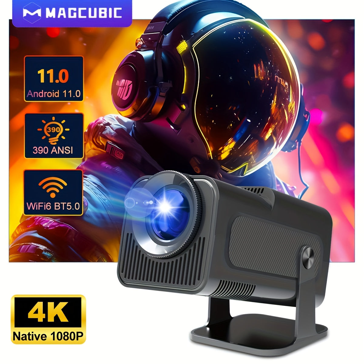 4K Android Projector 1080P WiFi6 Wireless 390 ANSI Lumens Portable Cinema Display