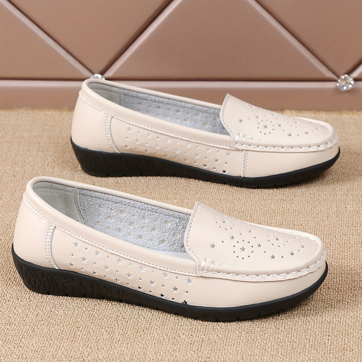 Women Beige Slip-On Loafers with Perforated Design, Wedge Heel, Breathable Synthetic