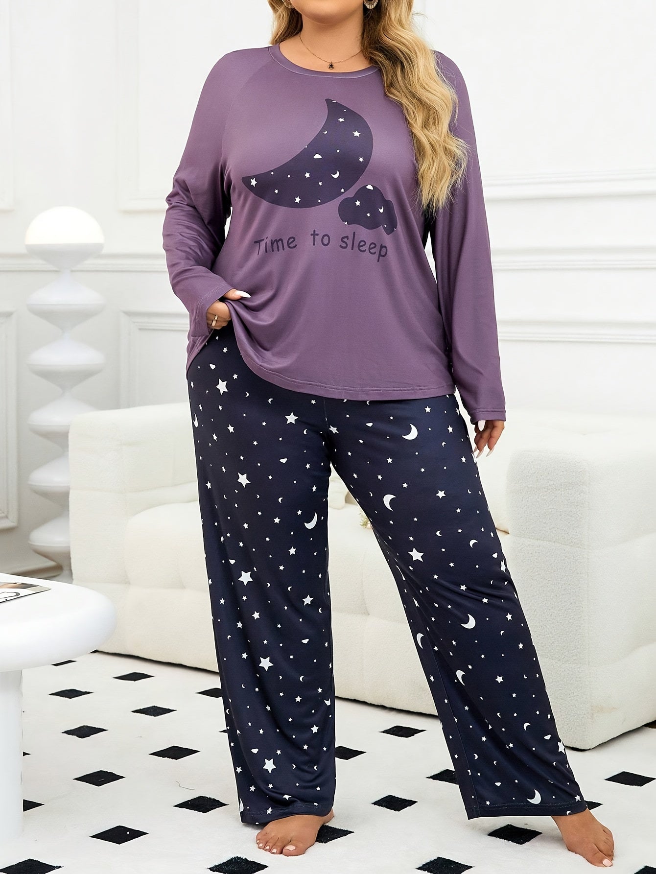 Purple Moon Pattern Pajama Set for Adults Long-Sleeved Pants Casual Comfortable