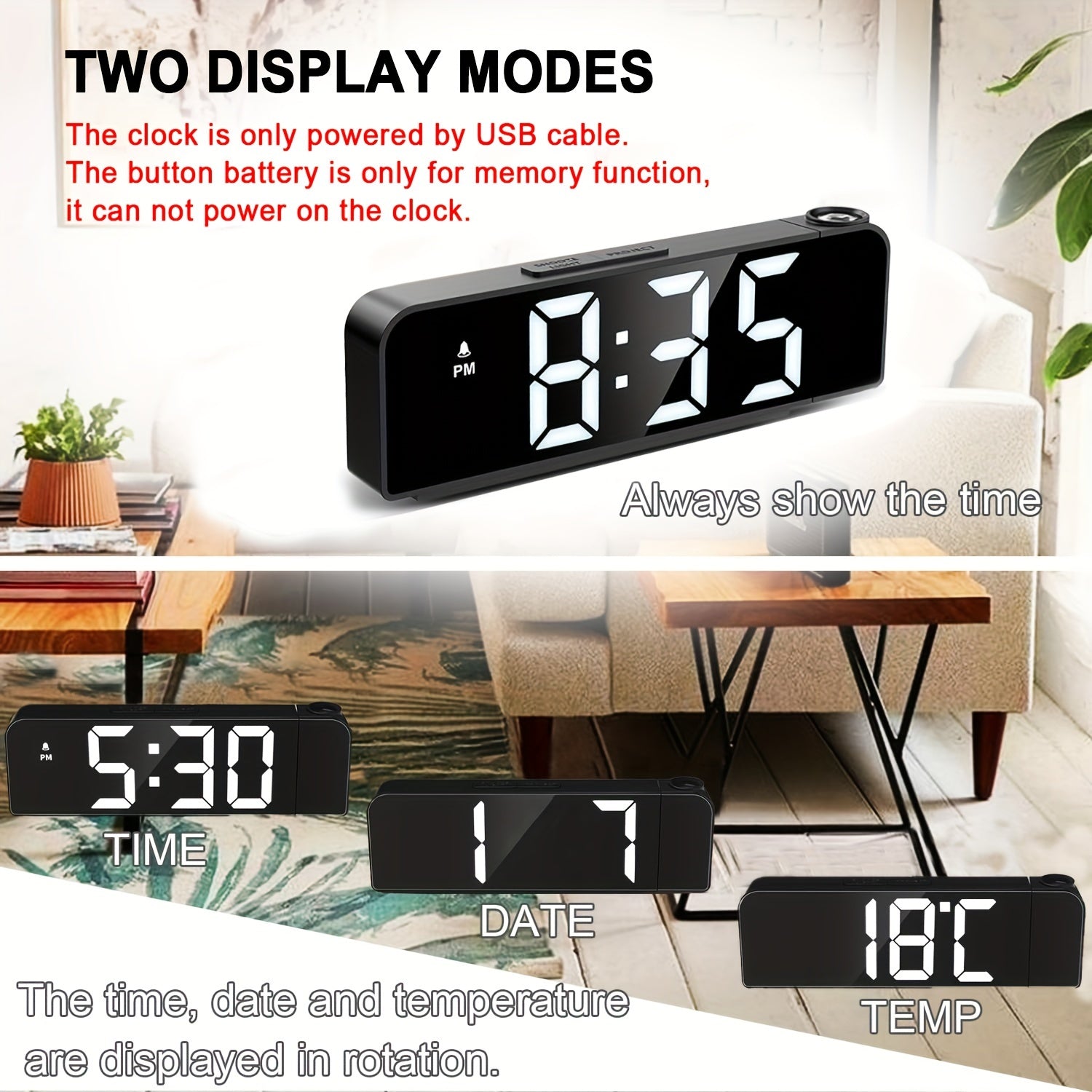 LED Projection Alarm Clock with 180° Rotatable Projector Adjustable Brightness Temperature Display USB Powered for Bedroom or Home Office