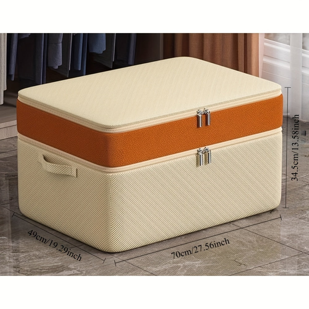 Katta sig'imli ikki qatlamli kiyim saqlash qutisi, apelsin va bej matoda, kir va aksessuarlarni tartibga solish uchun mukammal. To'rtburchak shakli, yostiq ostida saqlash uchun zip yopilishi.