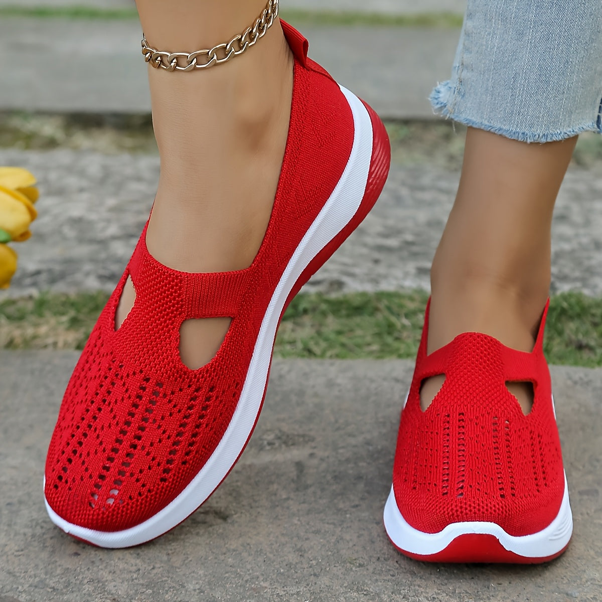 Women’s Breathable Knit Slip-On Flats Casual Walking Shoes White Black Sole