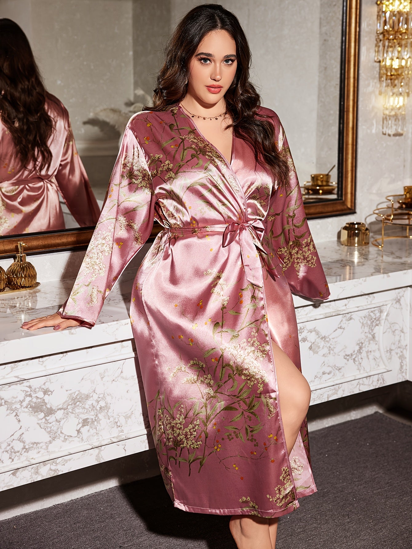 Plus Size Women Autumn Winter Cherry Print Sleepwear Bathrobe