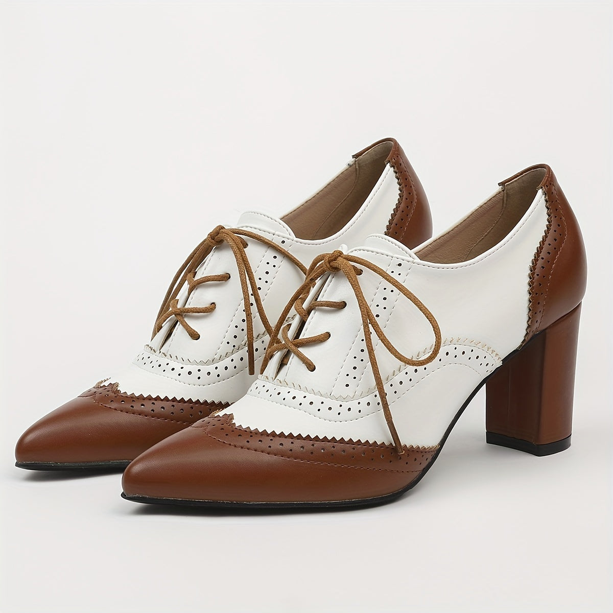 Women's Lace-Up High Heels Black White Brown Pointed Toe Pumps