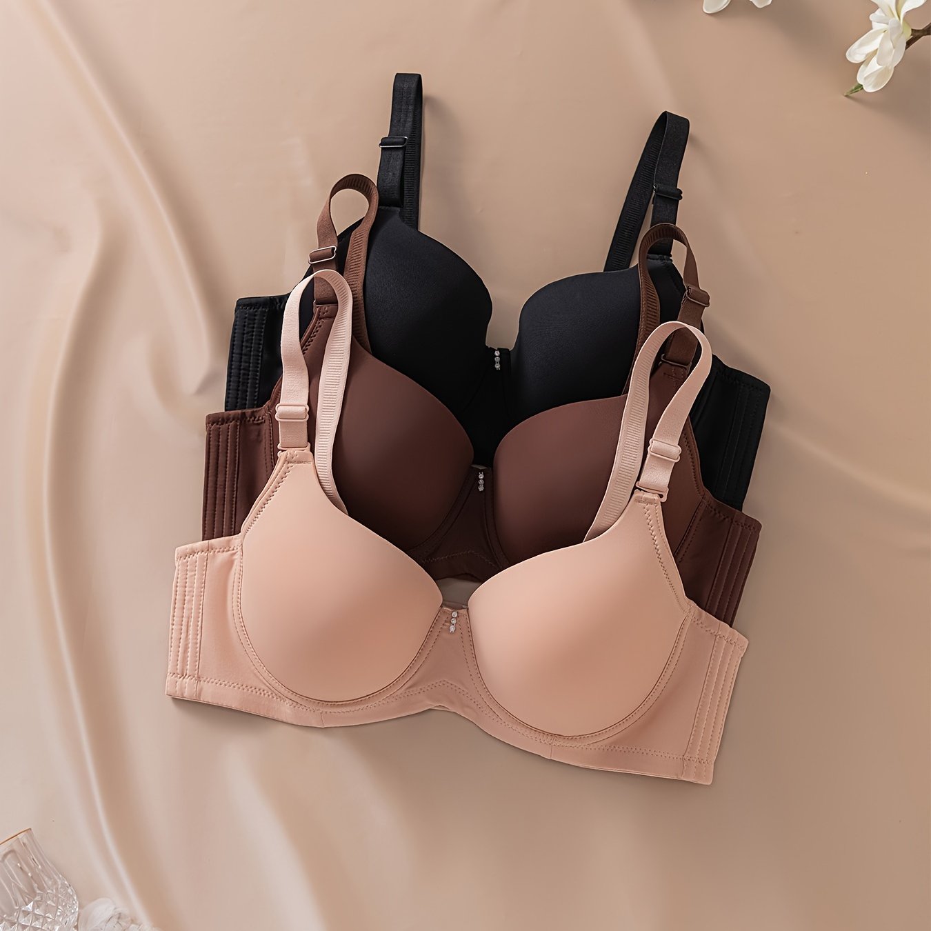 Pack de 3 sujetadores para mujer de tamaño grande, mate, sin marcas, con centro brillante y diamantes