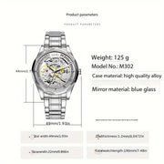 Men's Mechanical Watch Stainless Steel Strap Hollow Dial Casual Automatic Self-Winding