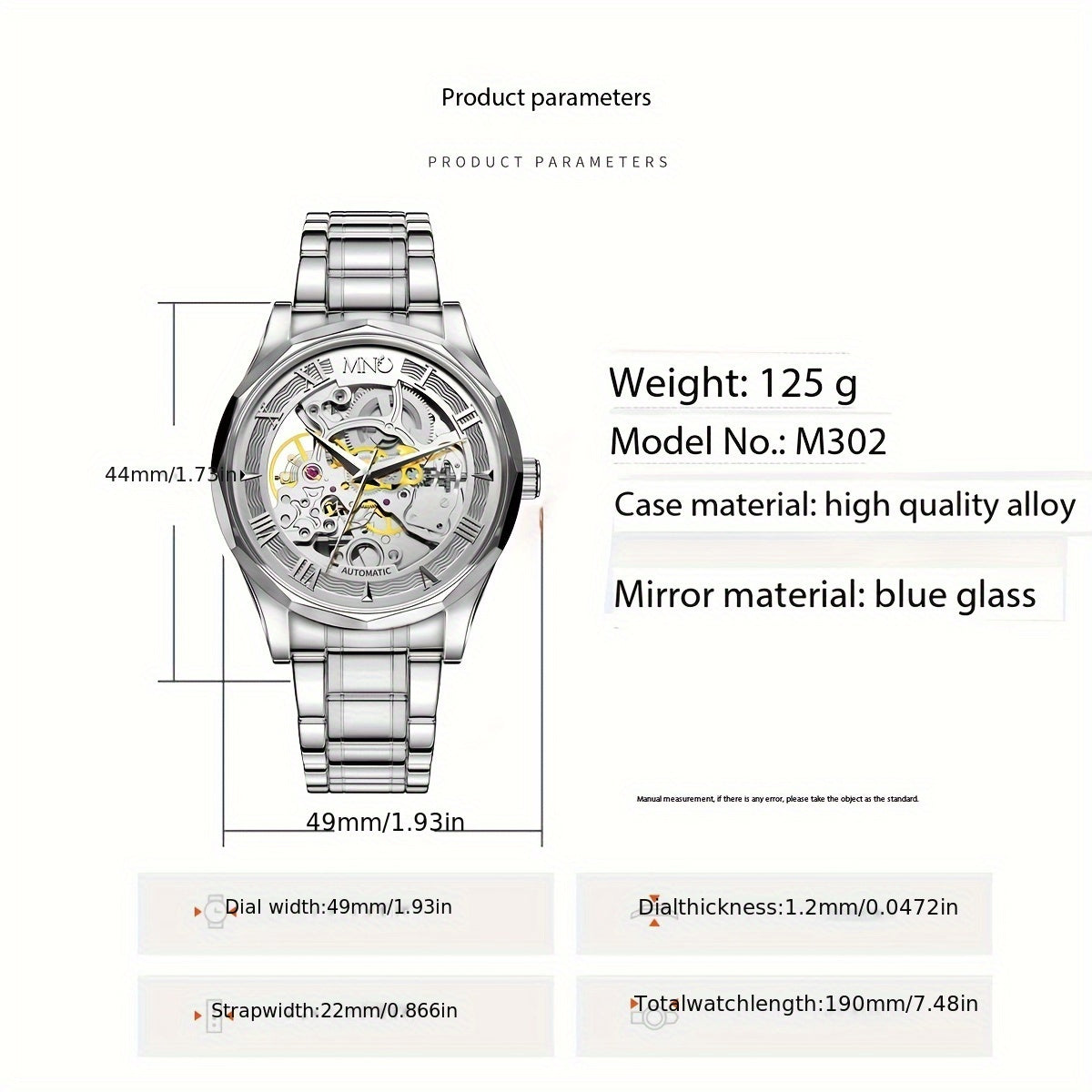 Men's Mechanical Watch Stainless Steel Strap Hollow Dial Casual Automatic Self-Winding