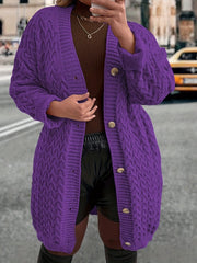 Women's Purple Cable Knit Cardigan Long Sleeve V-Neck Button Up Fall Winter
