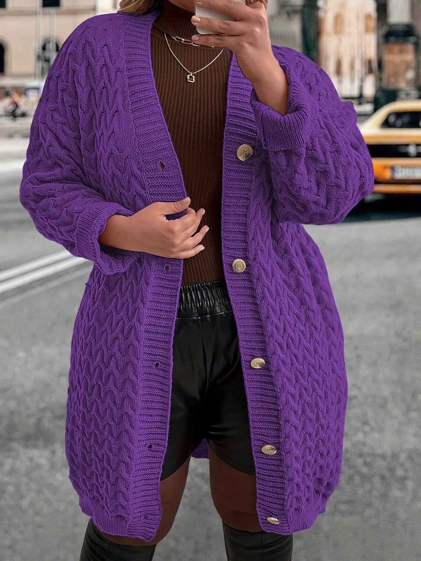 Women's Purple Cable Knit Cardigan Long Sleeve V-Neck Button Up Fall Winter