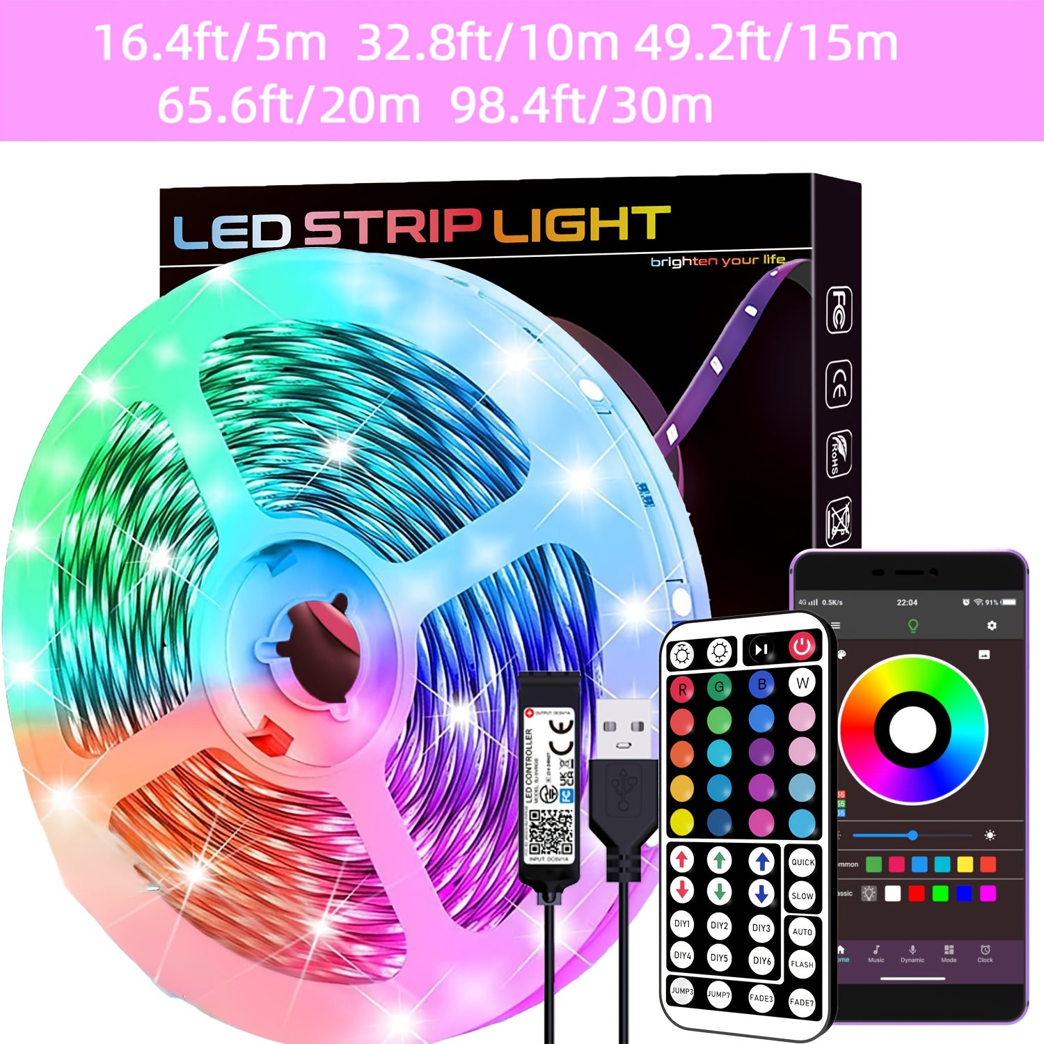 Tiras de luces LED RGB con sincronización musical, brillo ajustable, control remoto, alimentadas por USB para dormitorio, sala de estar, decoración de fiestas