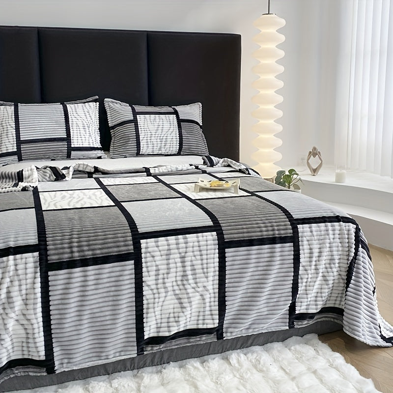 Plush Throw Blanket with Square Stripe Pattern for Sofa Bed Outdoor Use