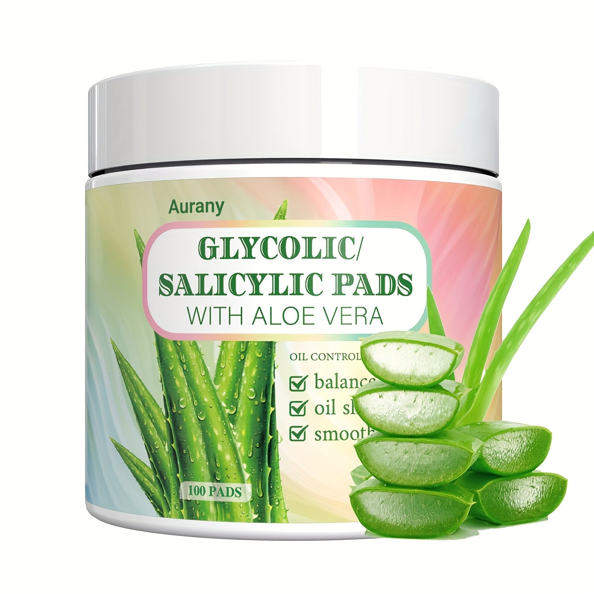AURANY 100 Pad: Aloe Vera Glycolic/Salycilik Kislota, Uniseks Kattalar, Spirtli emas, Namlantiruvchi, Eksfoliatsiya qiluvchi, Pora kichraytiruvchi, Chuqur tozalovchi, Barcha teri turlari, Aloe Vera hidli, Qo'shimcha yo'q.