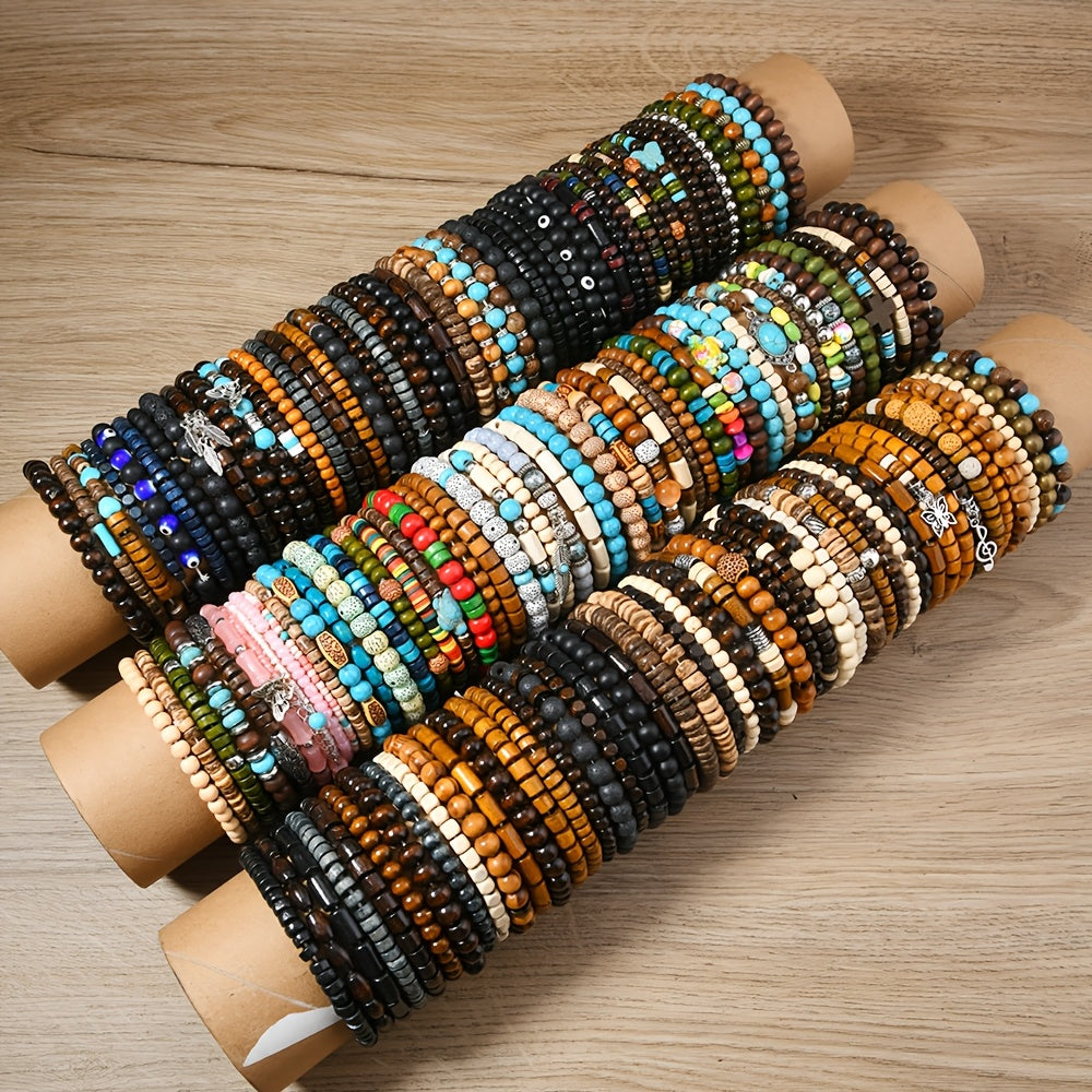 Set of 12 or 24 Autumn Winter Wooden Bead Stackable Elastic Wire Bracelets for Women