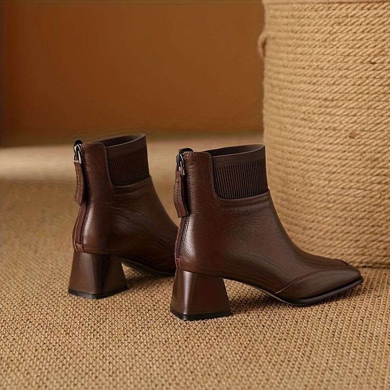 Women Ankle Boots Faux Leather Chunky Heel Elastic Side Brown