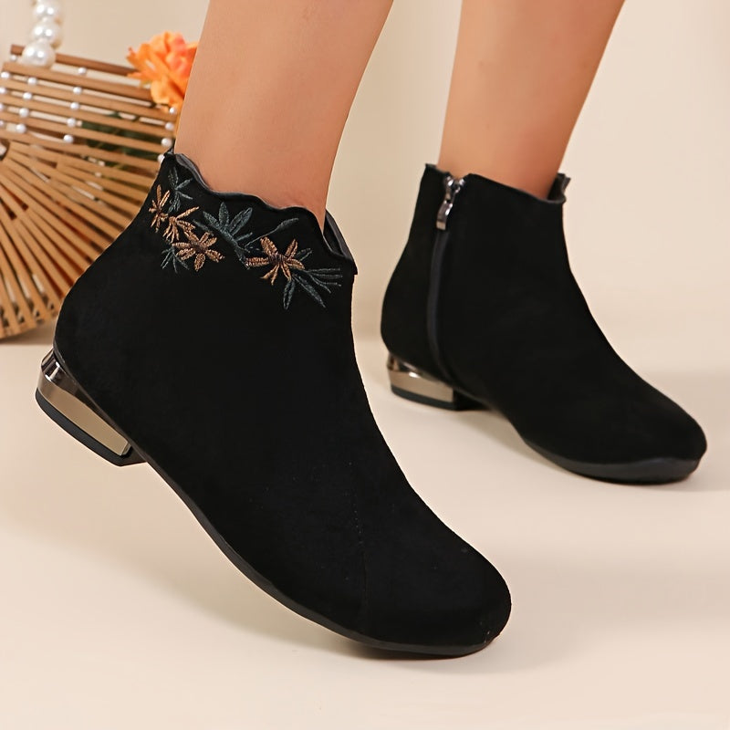 Women's Flannel Ankle Booties with Zipper & Embroidery Low Heel