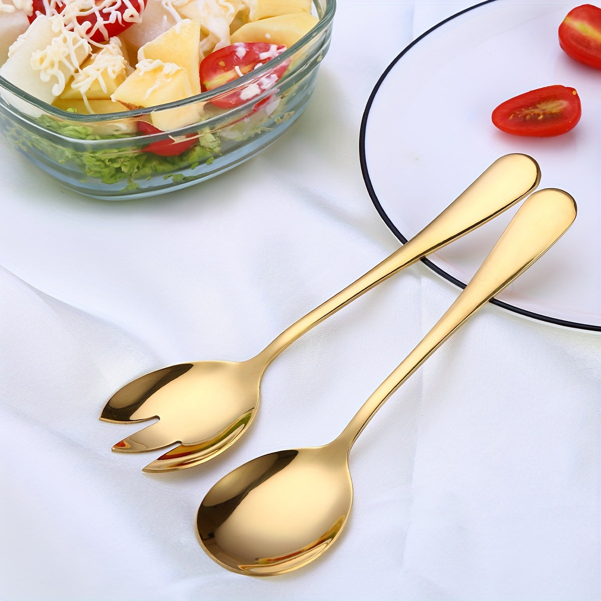 Set of 2 Stainless Steel Salad and Pasta Tongs with Gold Finish