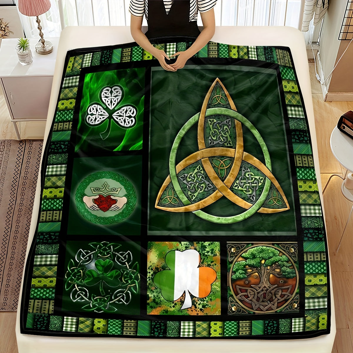 Flannel Fleece Blanket with Celtic Triquetra and Clover Motifs Green Black Seasonal Comfort