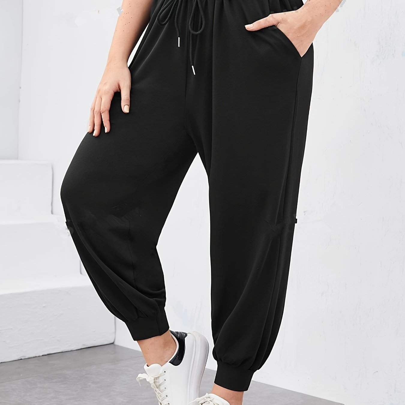 Women's Plus Size Wide Leg Casual Pants Elastic Waist Black Lounge Trousers